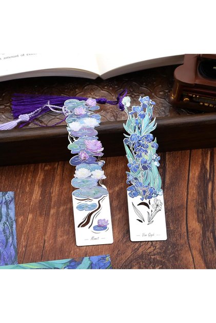 2 Pcs Metal Bookmarks with Tassel,Oil Painting Water Lilies and Irises Design,Brass Metal Bookmarks for Readers and Art Lovers