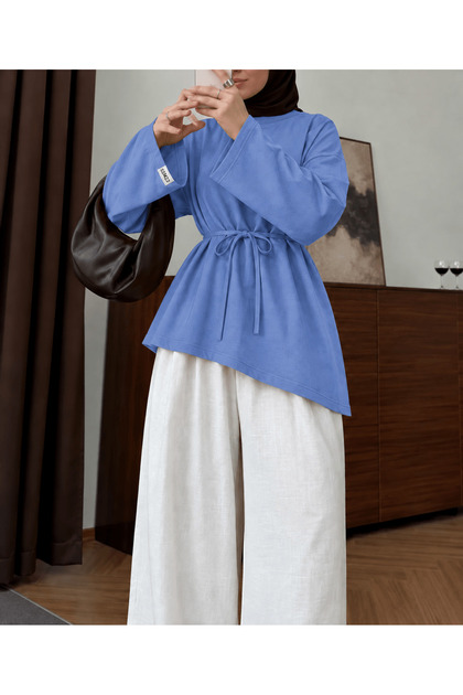 Asymmetrical Cut Crew Neck Blouse - Baby Blue