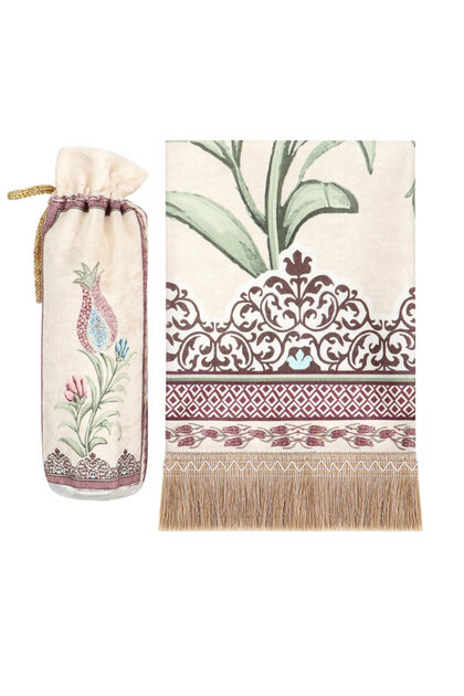 Cream Tulip Pattern Velvet Prayer Rug with Pouch