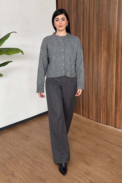 Women's Crew Neck Buttoned Cardigan with Side Slits Gray - 27K 2286