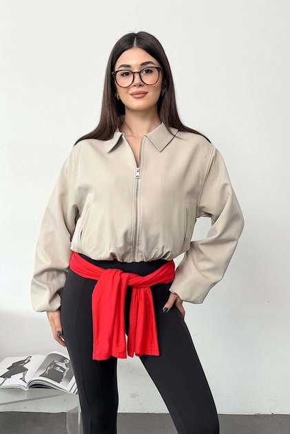 Women's Shirt Collar Zippered Double Pocket Jacket Stone - 27K 506
