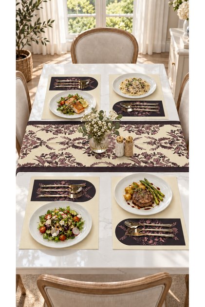 Tarzını Seç Mürdüm Sarmaşık Desenli Runner 70 x 140 cm + 4 Adet Supla