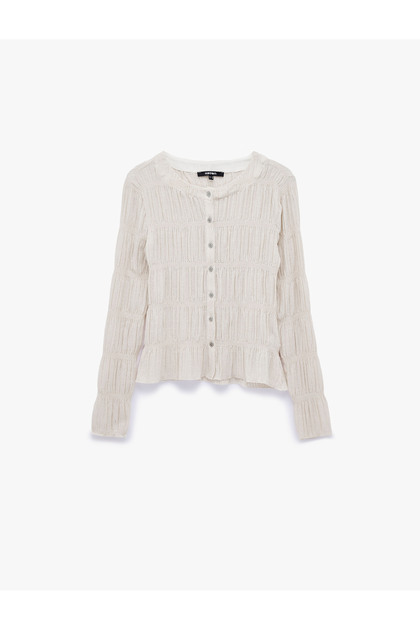 Slim Fit Crew Neck Long Sleeve Gathered Textured Buttoned T-Shirt