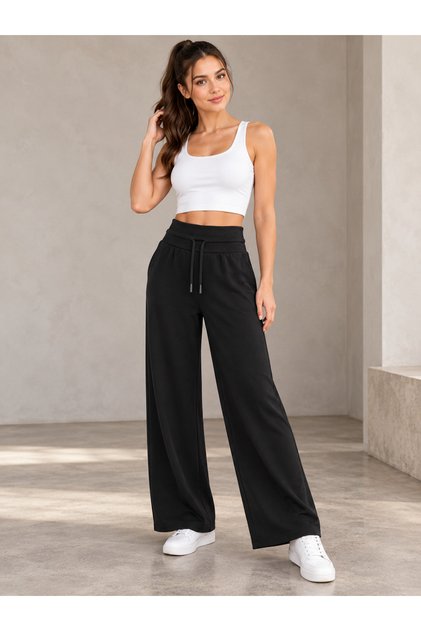 Women's High Waist Modal Fabric Wide Leg Lace-Up Sweatpants with Double Back Pockets