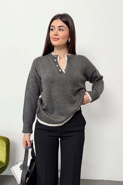 Women's V-Neck Button Detailed Knitwear Sweater Anthracite - 27K 2648