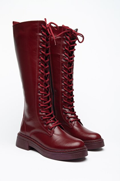 Women's Burgundy Leather Lace-Up Side Zipper Casual Boots