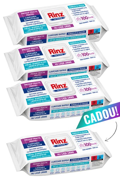 Set de 3 + 1 pachete de șervețele umede pentru curățarea suprafețelor, formulă siliconică, nu lasă urme, 100 de bucăți/pachet, 400 de bucăți