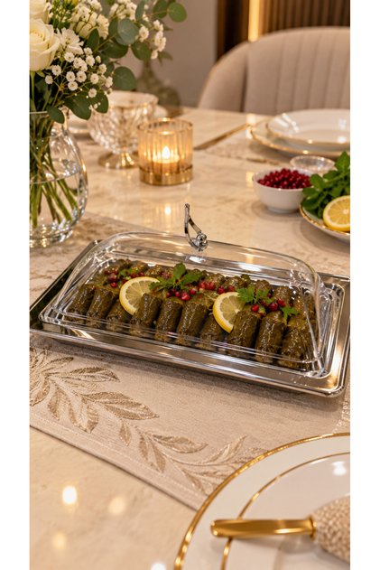 Rectangular shiny stainless steel serving tray with clear acrylic lid and top handle