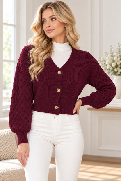 Women's Long Sleeve Balloon Sleeve V-Neck Woven Detailed Buttoned Elegant Soft Trend Casual Burgundy Crop Knitwear Cardigan