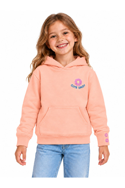 19710-26 Girl's Floral Embroidered Hooded Kangaroo Pocket Sweatshirt 5–8 Years
