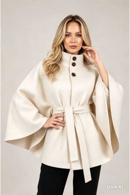 Stand-Up Collar Belt Detail Premium Poncho Coat