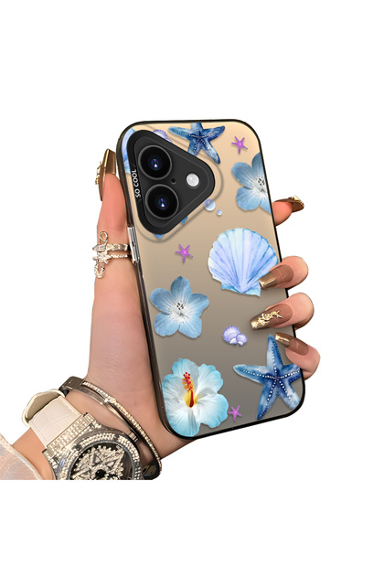 iPhone 16 Plus Compatible Silicone Edge Hard Back Case Sea Star Pattern Phone Case
