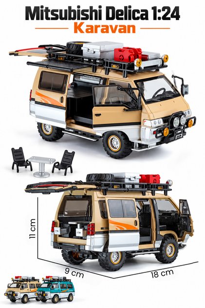 1:24 Metal Mitsubishi Delica Kamp Aracı Karavan Oyuncak Araba Işıklı Sesli Açılır Kapılar Model Araç