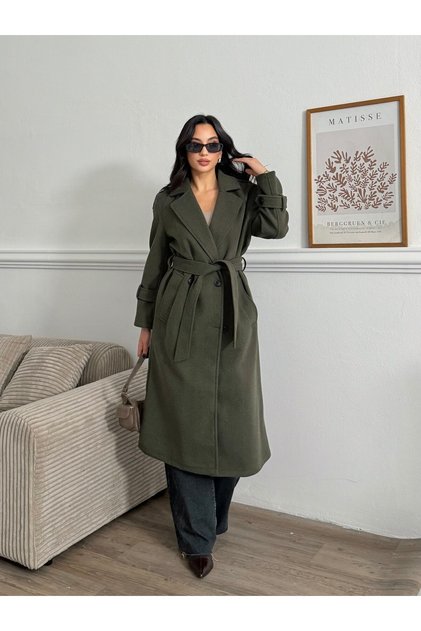 Buttoned Belted Lined Long Cashmere Coat