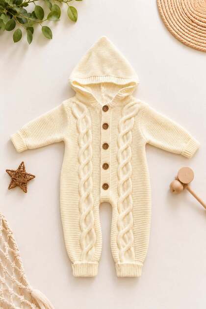 Baby Girl and Boy Hooded Hair Braid Patterned Buttoned Knitwear Knitted Jumpsuit Unisex 3-6-9-12Months
