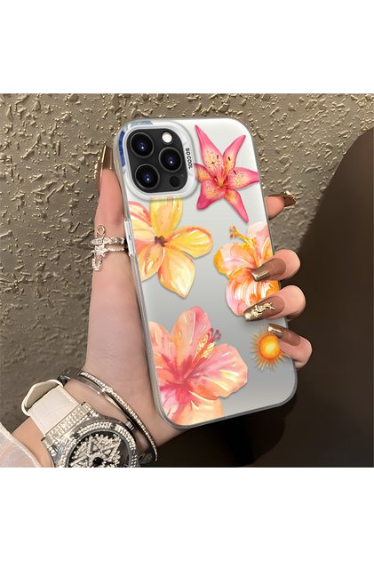 iPhone 15 Pro Max Compatible Watercolor Tropical Floral and Sun Pattern Phone Case, Shock Protection