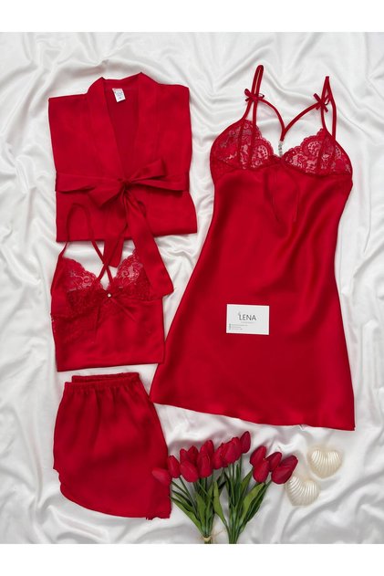 Women's Magic 4-Piece Lace Satin Nightgown, Robe and Shorts Set