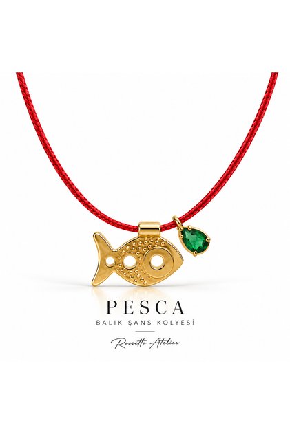 Design Red String Green Stone Pesca Fish Luck Necklace