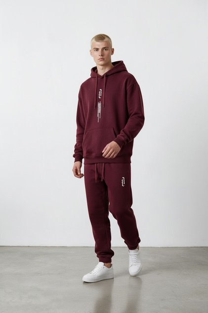 Men's Burgundy Vertical Oversize Cotton Knitted Hooded Printed Skinny Leg Sweatpants
