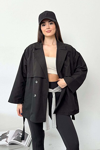 Women's Double-Breasted Collar Belted Trench Coat Black - 7586