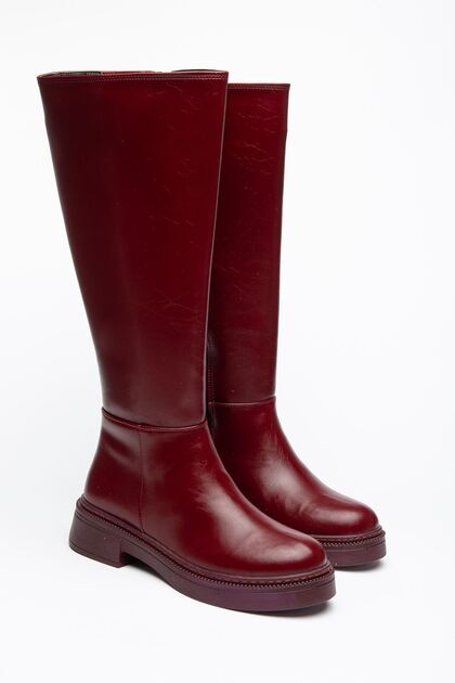Women's Burgundy Leather Zipper Detailed Casual Boots