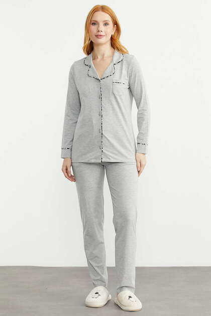 Shirt Model Pajama Set with Piping Detail - Gray