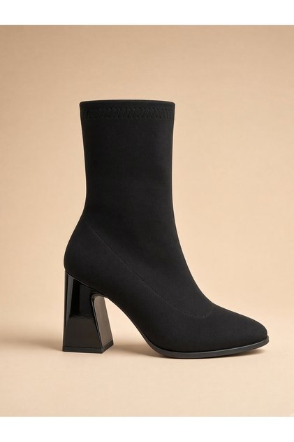 Black Stretch Zippered Heeled Boots Shiny Block Heel 9 cm