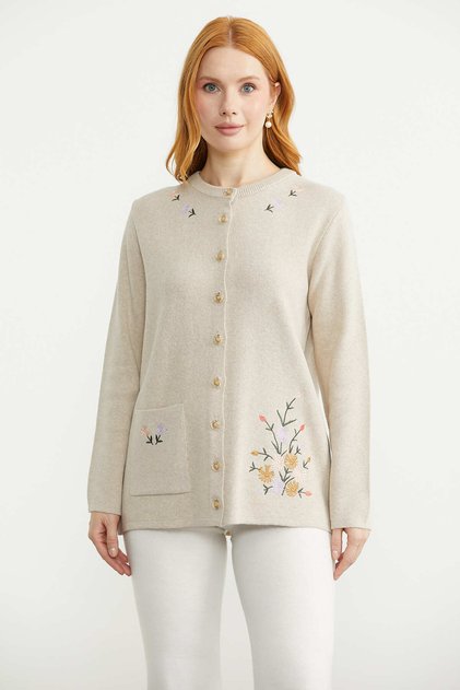 Wool Thick Embroidered Knitwear Jacket - Light Beige