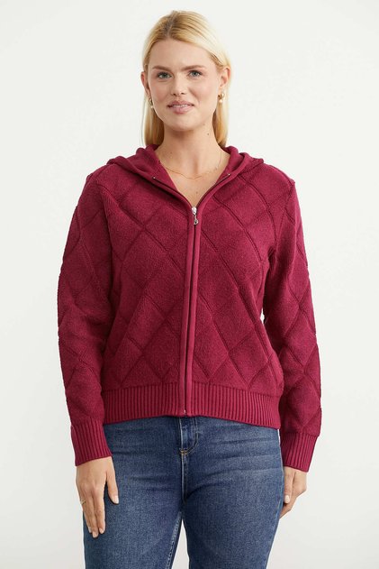 Hooded Zippered Knitwear Cardigan - Burgundy