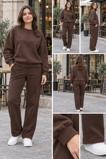 Kadın Kahverengi Bisiklet Yaka Sweatshirt - Kahverengi Geniş Paça Eşofman Altı İkili Takım - Rahat Kesim Ev & Sokak Kombini