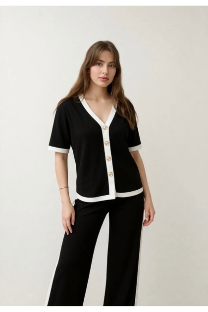 Women's V-Neck Contrast Detail Buttoned Summer Tracksuit Set