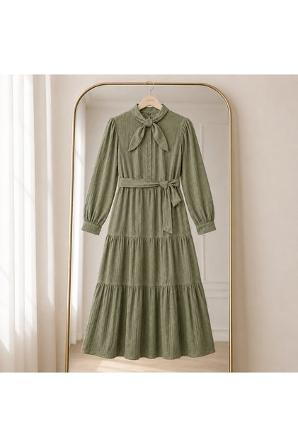Scarf Collar Half Buttoned Dress - 2622 - Green