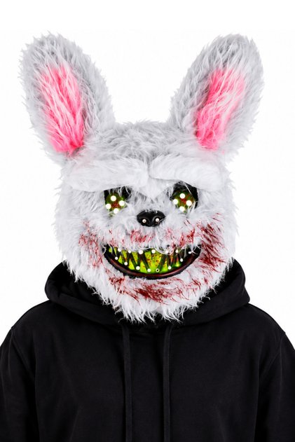 Mască Halloween Iepure Horror Alb cu Blană, Urechi Roz și Dinți Însângerați, pentru Carnaval și Petreceri