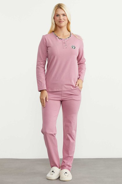 Piping Detailed Buttoned Pajama Set - Rose