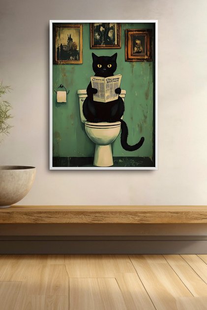 Black Cat Reading Newspaper in the Toilet Framed Painting Cat Poster Modern Wall Decor Kedi46