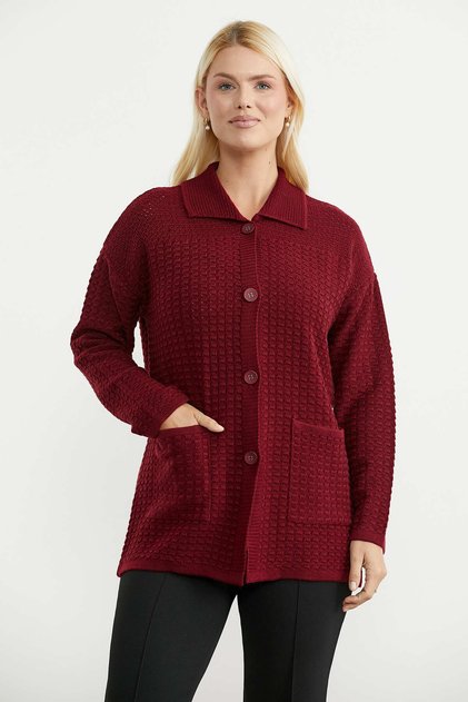 Knitted Motif Polo Collar Pocketed Knitwear Jacket - Claret Red