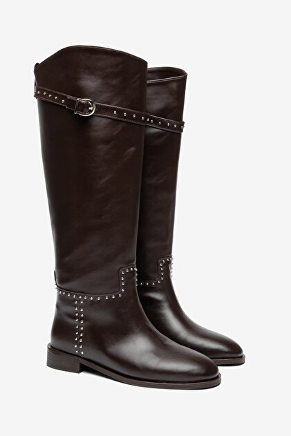 Women's Brown Trocley Belted Riding Boots Flat Sole Below the Knee