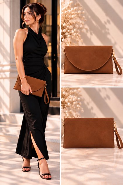 Women's Velvet Suede Portfolio Bag – Stylish Evening Dress and Daily Handbag with Snap Closure and Wrist Strap