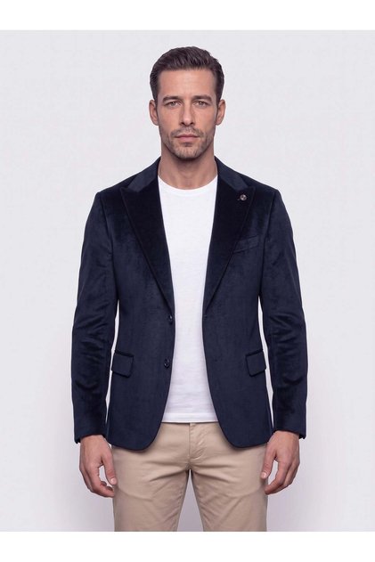 Lacivert Sivri Yakalı Slim Fit 6 Drop Erkek Casual Kadife Ceket