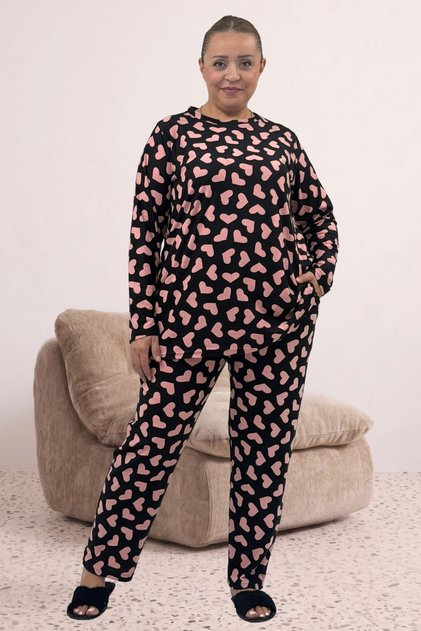 67810 Large Size Uzunkol Patterned Suede Pants Pajama Set - Black with Pink Hearts