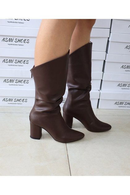 Women's Kimber Brown Bellows 7 cm Heeled Back Zipper Pointed Toe Thick Heel Boots