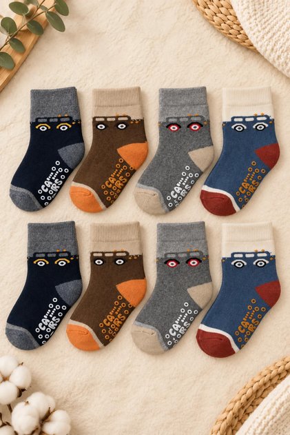 8 Pairs of Non-Slip Abs Winter Thick Towel Socks for Boys and Children with Car Pattern