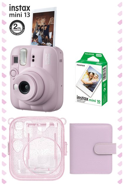 Instax Mini 13 Pembe Fotoğraf Makinesi Deri Albüm Pleksi Kılıf ve 10'lu Film Hediye Seti