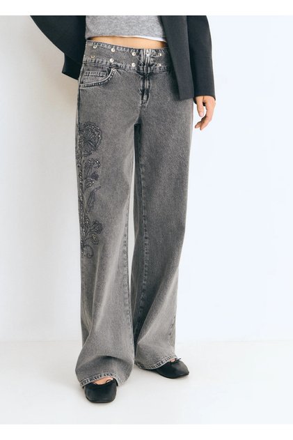 100% Cotton Low Waist Gray Floral Embroidered and Stone Detailed Studded Waistband Straight Jean Trousers