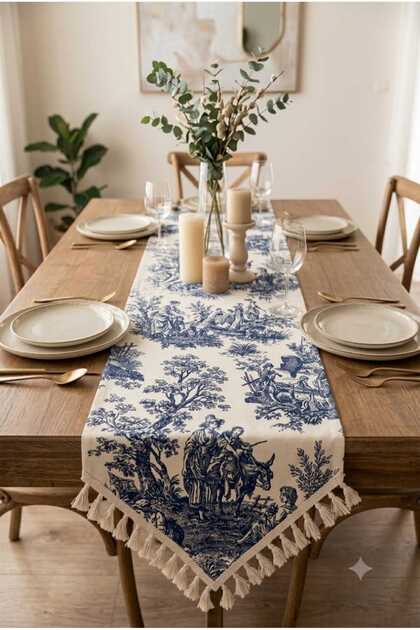 French Country Patterned Duck Fabric Triangular Tassel Runner Vintage Country Decorative Tablecloth-40X110 cm