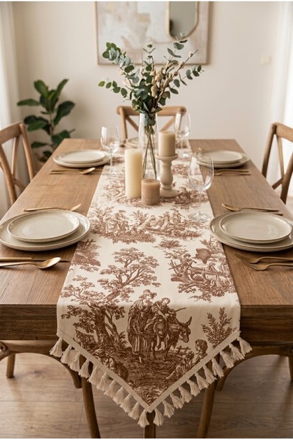 French Country Patterned Duck Fabric Triangular Tassel Runner Vintage Country Decorative Tablecloth-40X110 cm