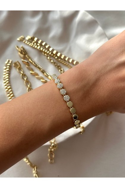 14K Yuvarlak Plaka ve Zirkon Çiçek Detaylı Bileklik