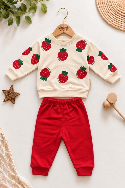 Baby Girl Stoned Strawberry Printed 2-Piece Top and Bottom Set Sweatshirt and Red Bottom Sweatpants 6-18 Months