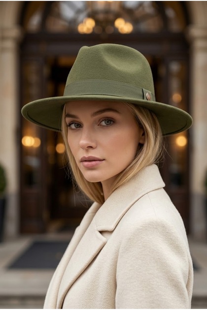 Women's Khaki Wide Brim Hard Felt Fedora Hat with Metal Buckle Belted Panama Cowboy Winter Hat