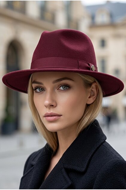 Women's Burgundy Wide Brim Hard Felt Fedora Hat with Metal Buckle Belted Panama Cowboy Winter Hat